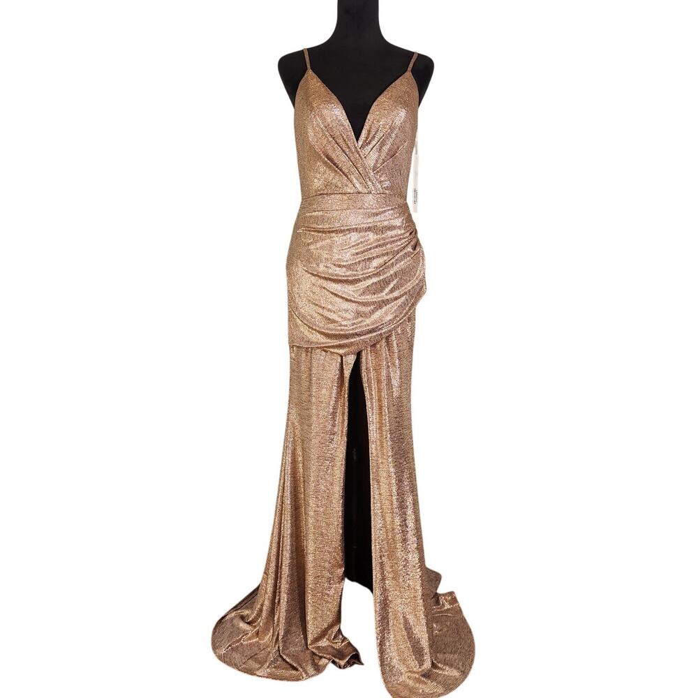 NWT JVN by Jovani Metallic Rose Gold Plunge Draped Maxi Gown